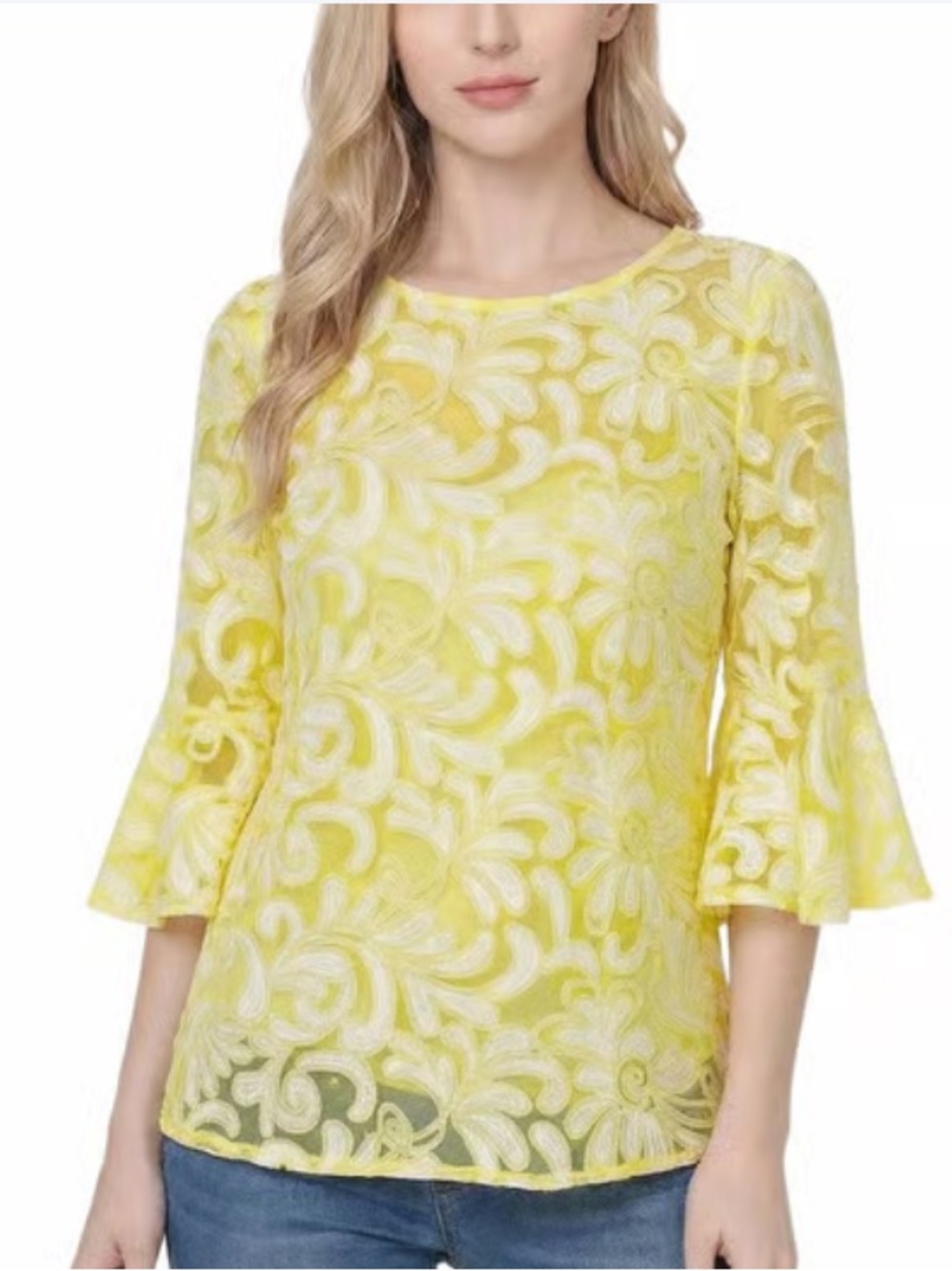 NY Collection Yellow Floral Scroll Lace Blouse with Flounce Sleeves